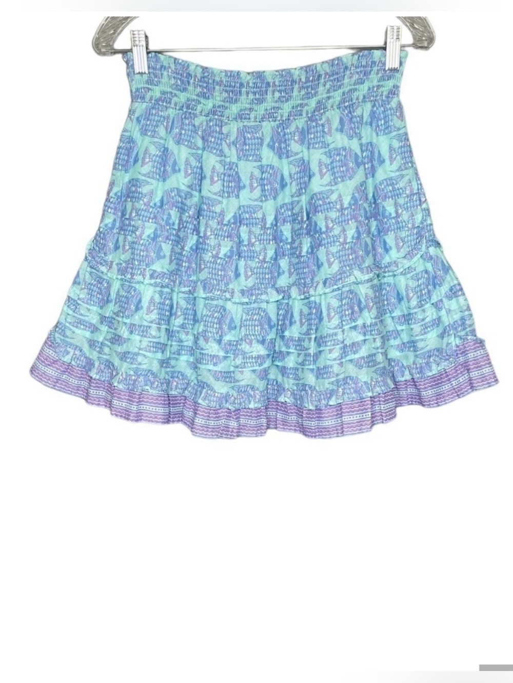 Vineyard Vines Women's Tang Fish Print Smocked Ruffle Skirt Crystal Blue NWT